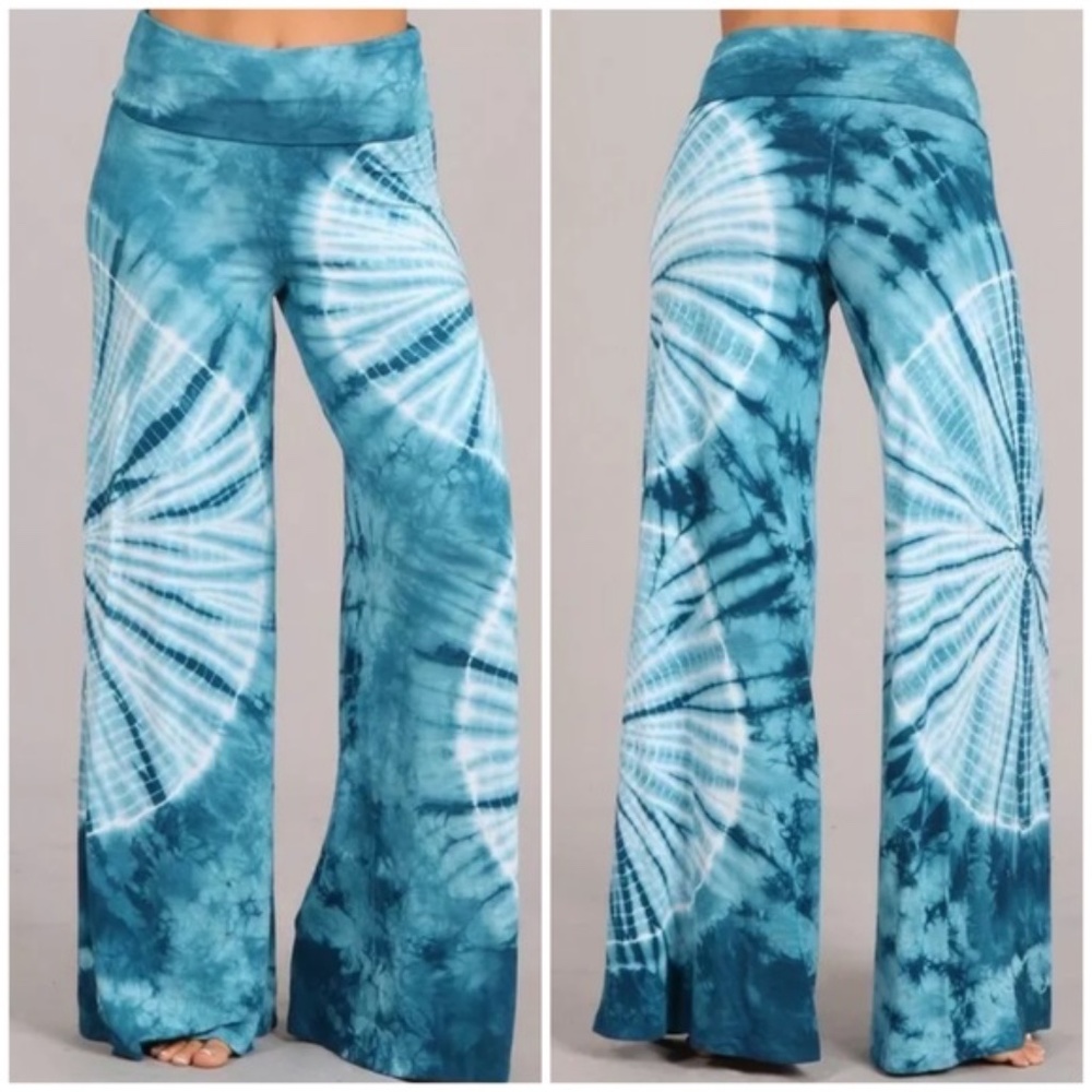 SOLD OUT Teal Boho Tie Dye Wide Leg Palazzo Stretch Pants - Picture 1 of 6